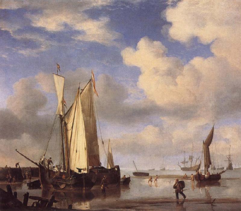 VELDE, Willem van de, the Younger Dutch Vessels Close Inshore at Low Tide,and Men Bathing